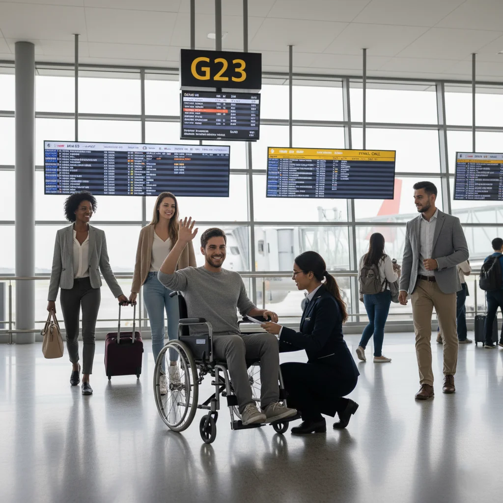 A happy man in a wheelchair talks with an airline agent at the gate, demonstrating a stress-free flying experience.