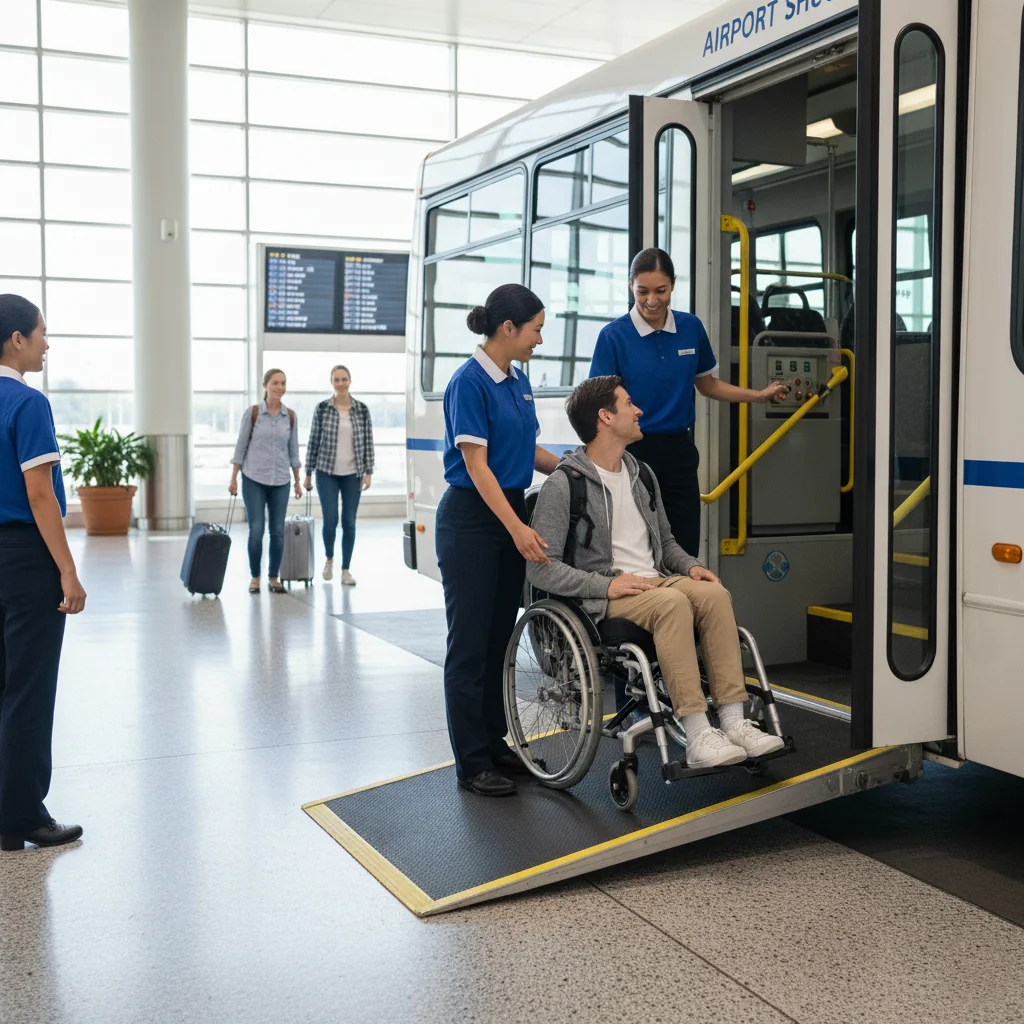 Helpful staff provide airport wheelchair assistance as a man boards an accessible shuttle bus via a ramp.