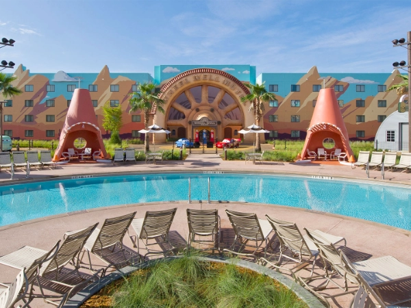 The Cozy Cone Pool at Disney's Art of Animation Resort, a themed hotel that is a top choice for accessible travel in Orlando.