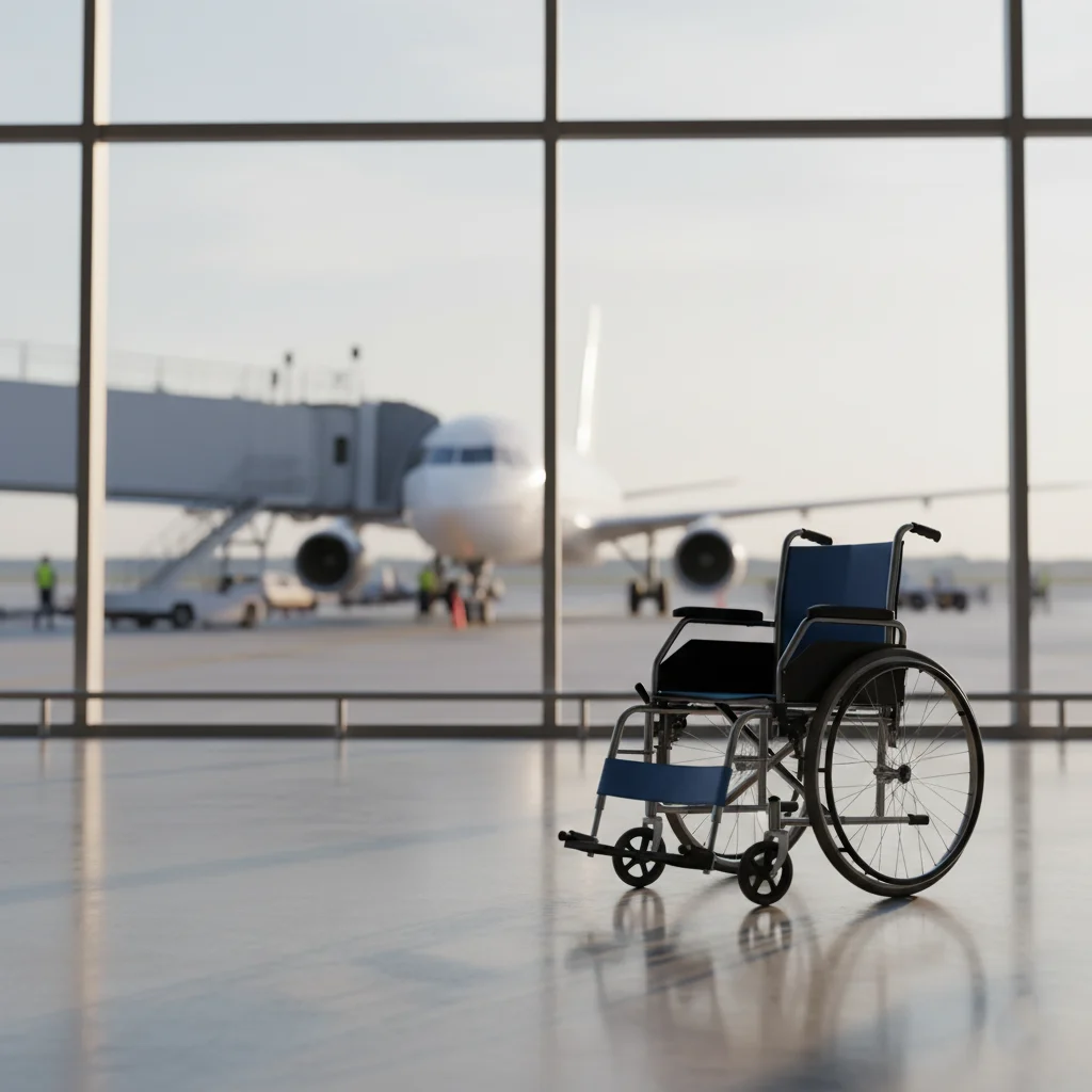 An empty wheelchair sits in a sunny airport terminal overlooking an airplane on the tarmac, ready for a flight.