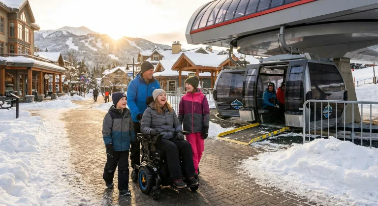 A family, including a woman in a power wheelchair, enjoying a sunny day at a ski resort with cleared accessible paths and a gondola with a loading ramp, illustrating an accessible winter travel destination.