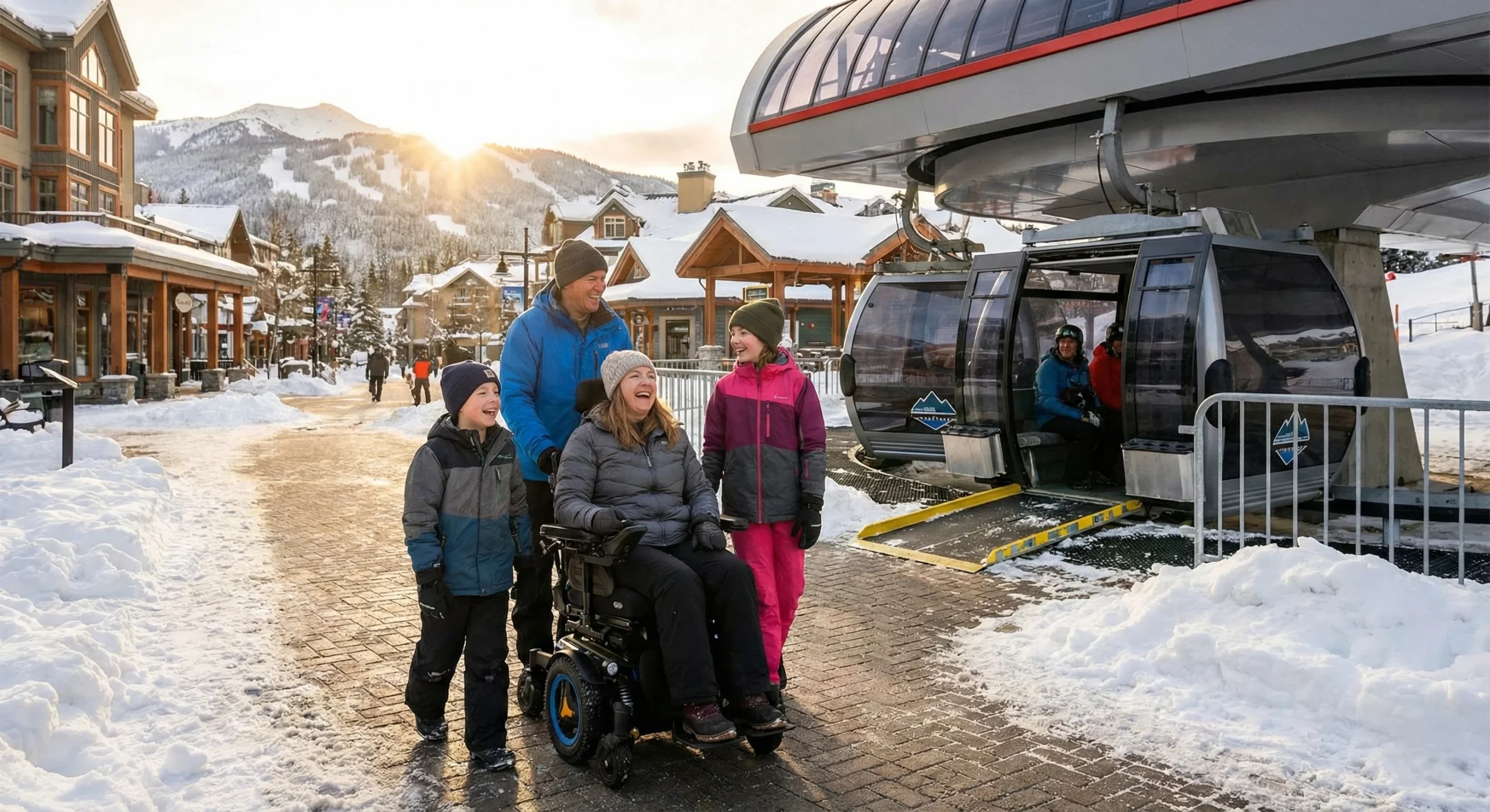 A family, including a woman in a power wheelchair, enjoying a sunny day at a ski resort with cleared accessible paths and a gondola with a loading ramp, illustrating an accessible winter travel destination.